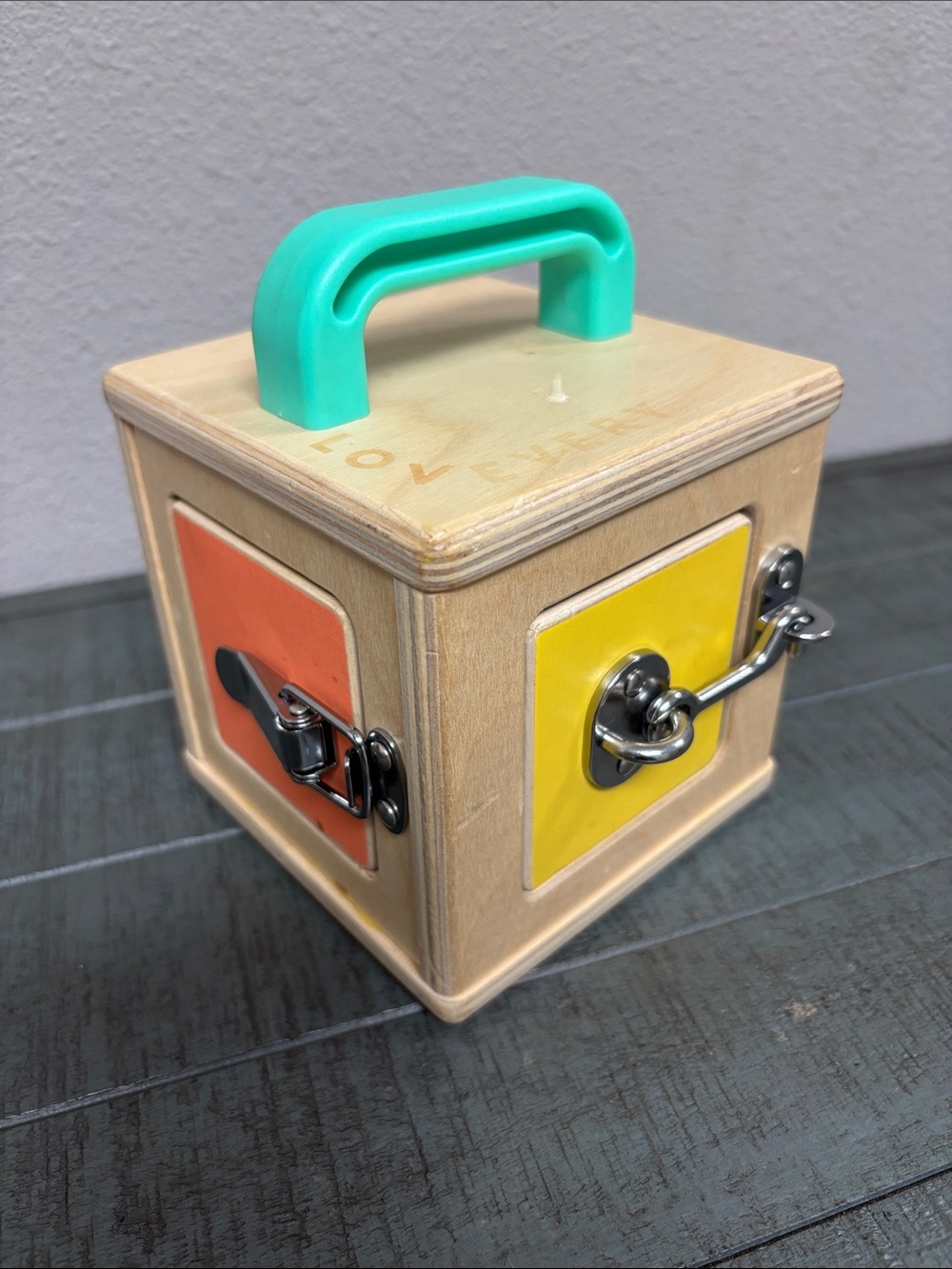 Lovevery Wooden Learning Lockbox Toy with Teal Handle - Fine Motor Practice